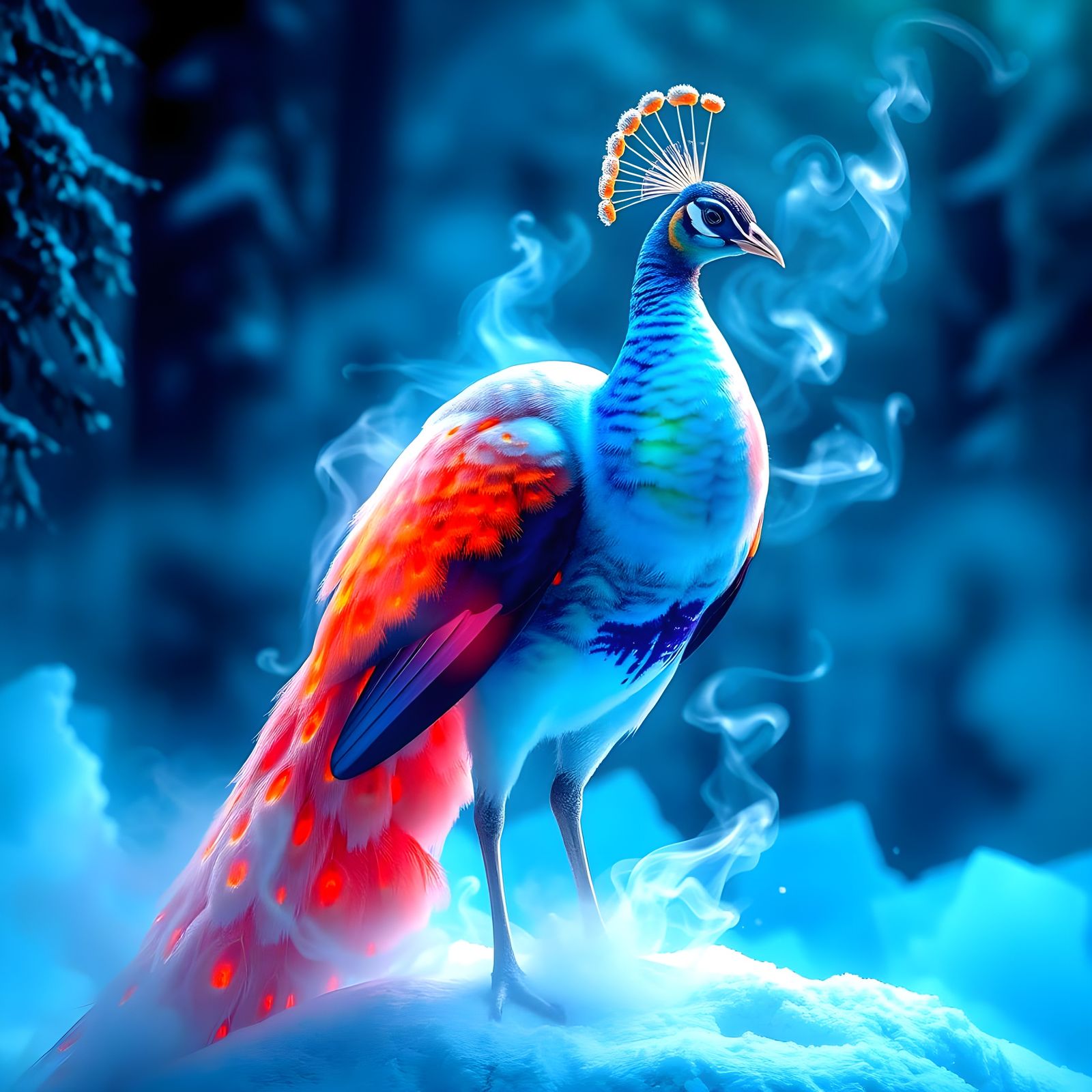 Ethereal Ice Goddess in Majestic Snow Peacock Form