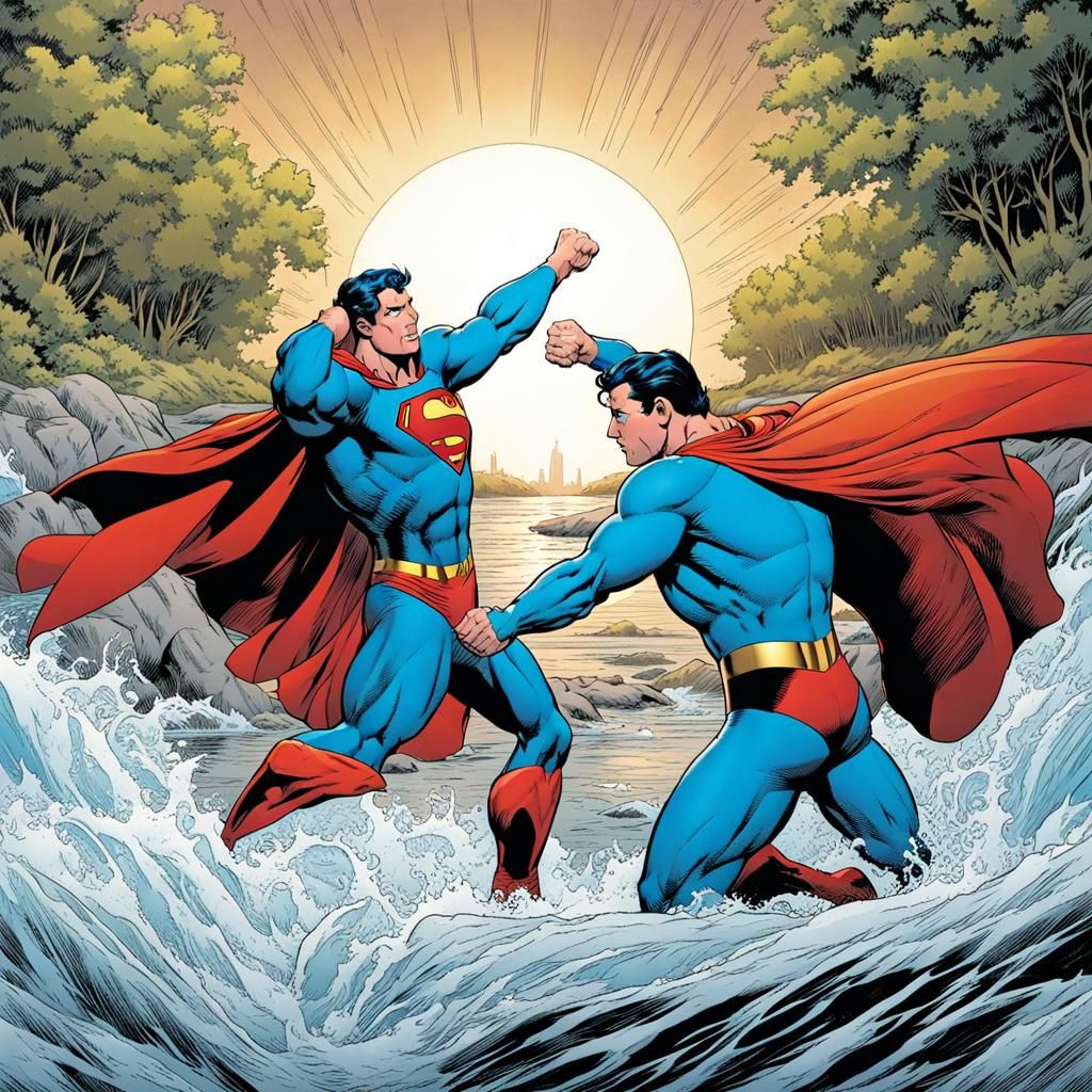 Superhero Fight in River: Comic Book Style