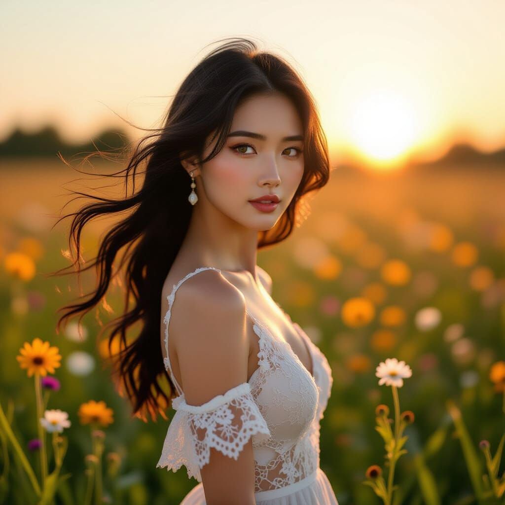 Woman in Wildflower Field at Dawn, Hyperrealistic Style