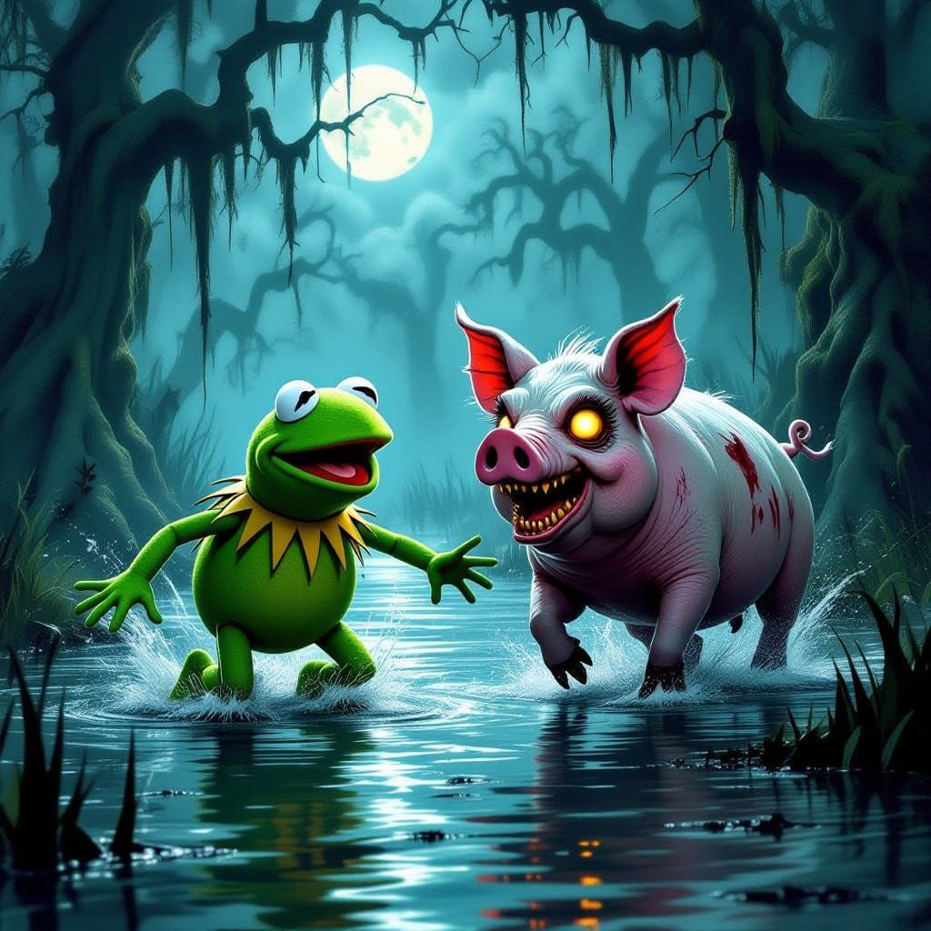 Kermit Flees Undead Peggy in Gothic Swamp Horror