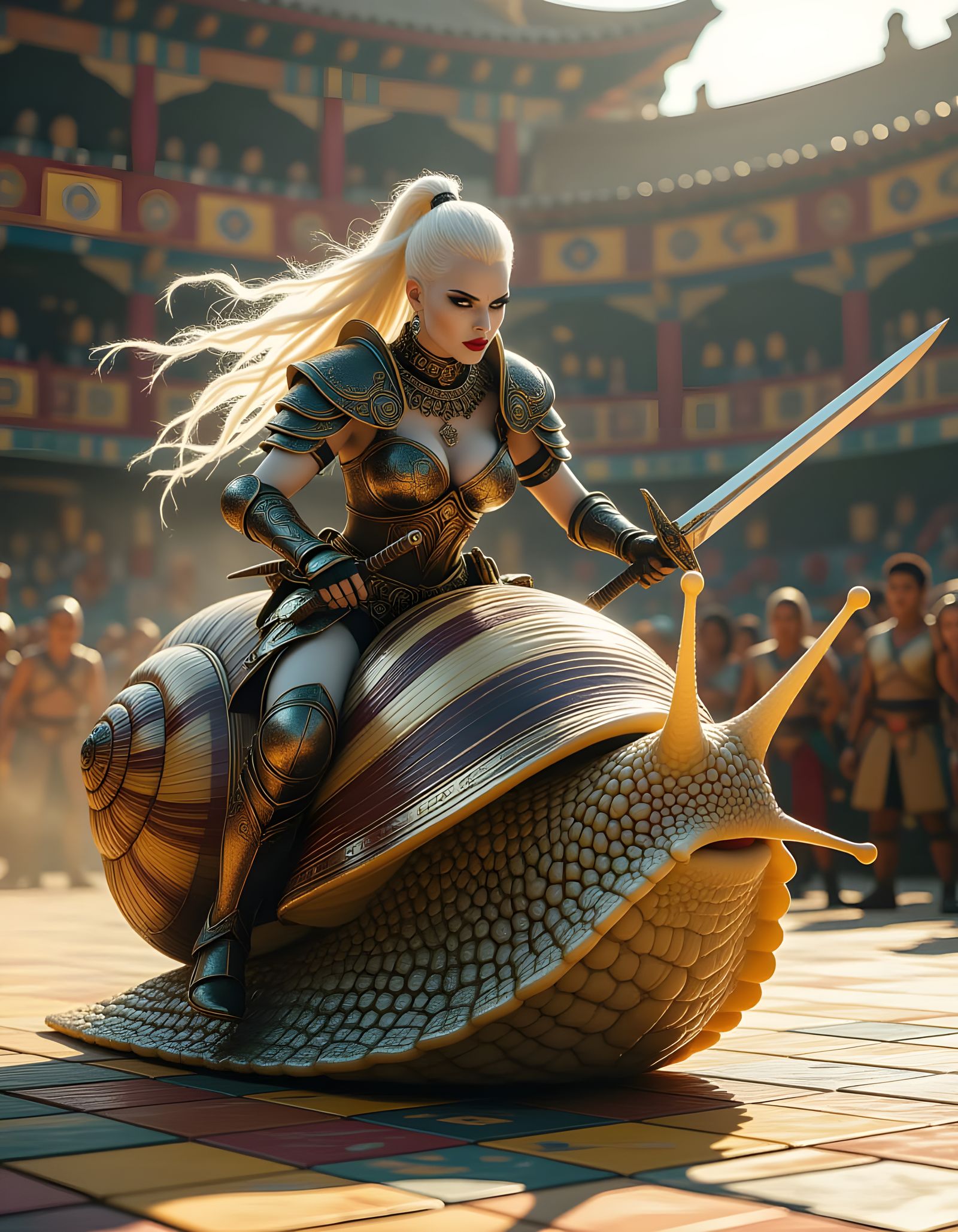 Albino Warrior Woman Jousting on Giant Snail
