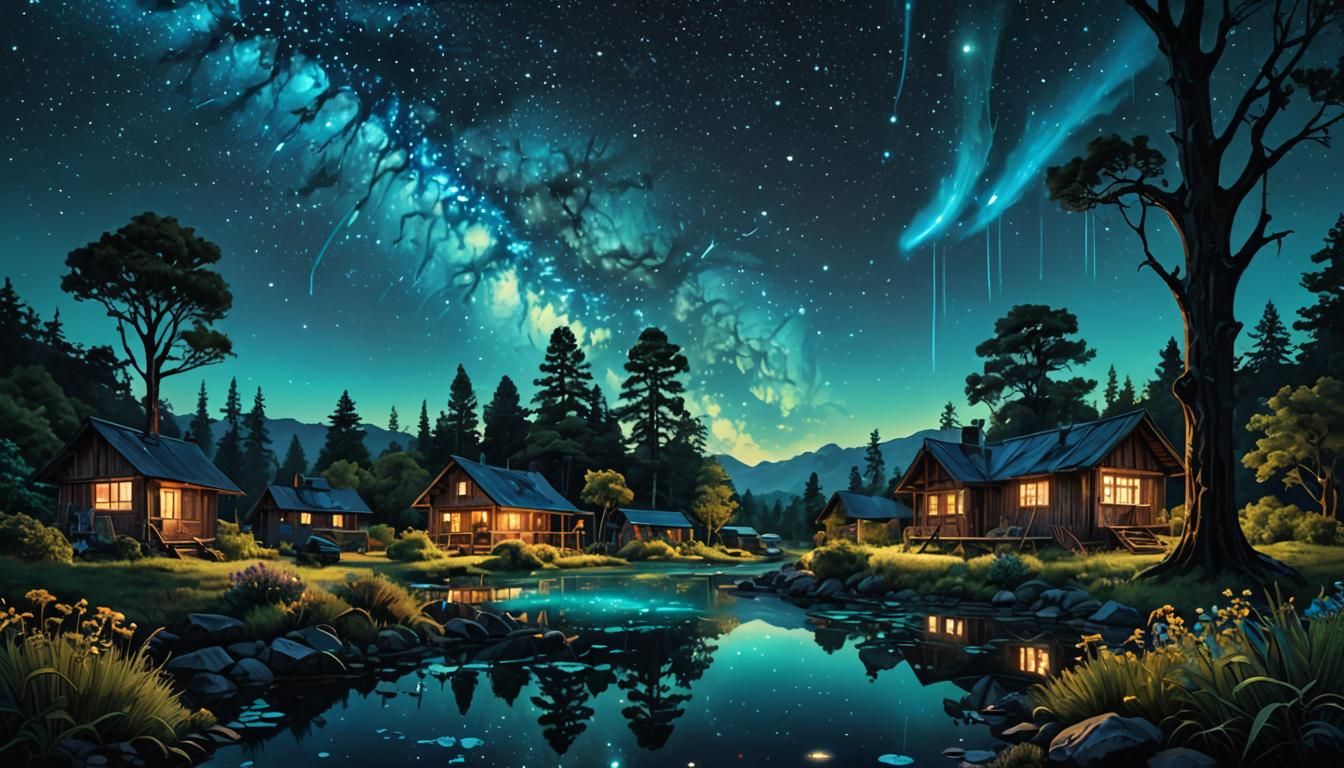 Bioluminescent Garden Under Cosmic Sky in Psychedelic Style