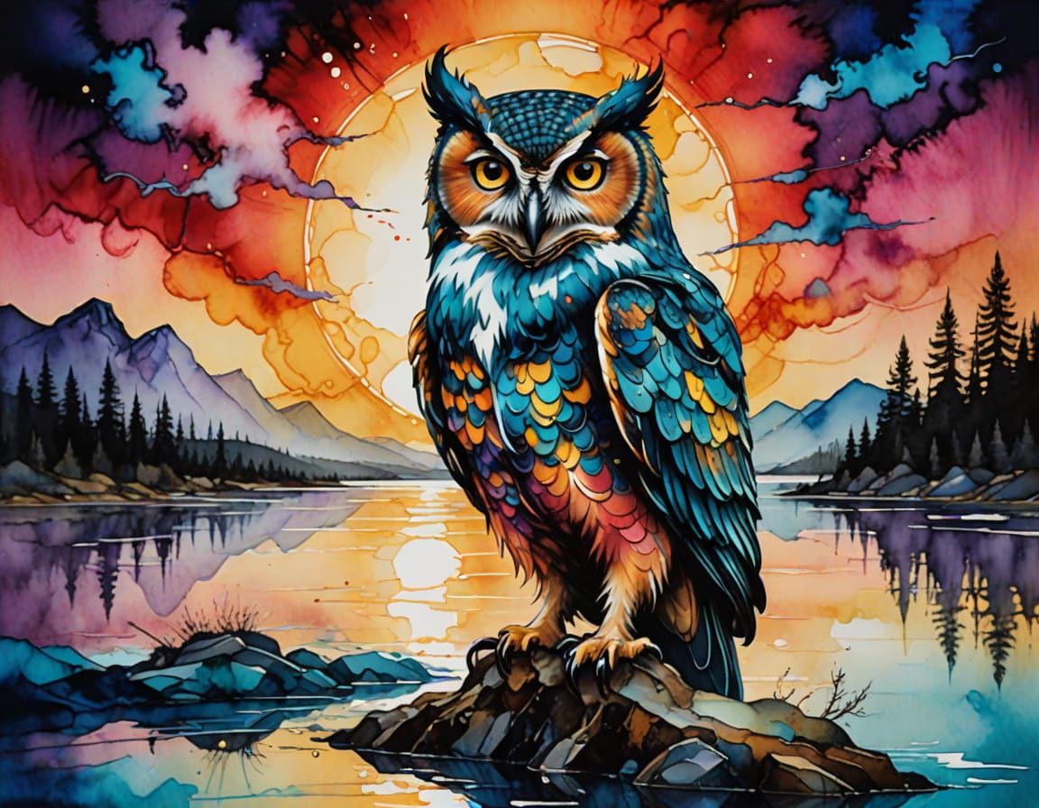 Water Owl at Sunset: Surreal Alcohol Ink Art