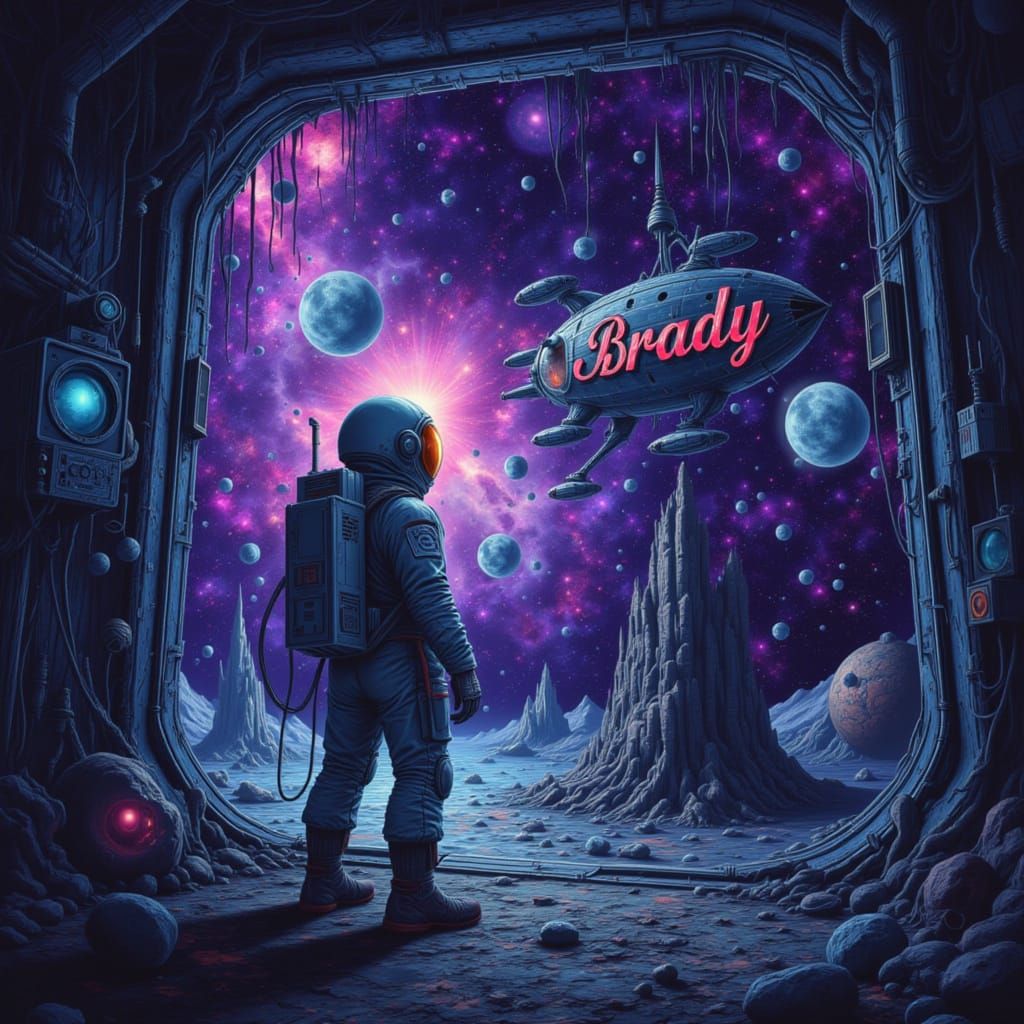 Astronaut and 'Brady' Spaceship in Starry Galaxy