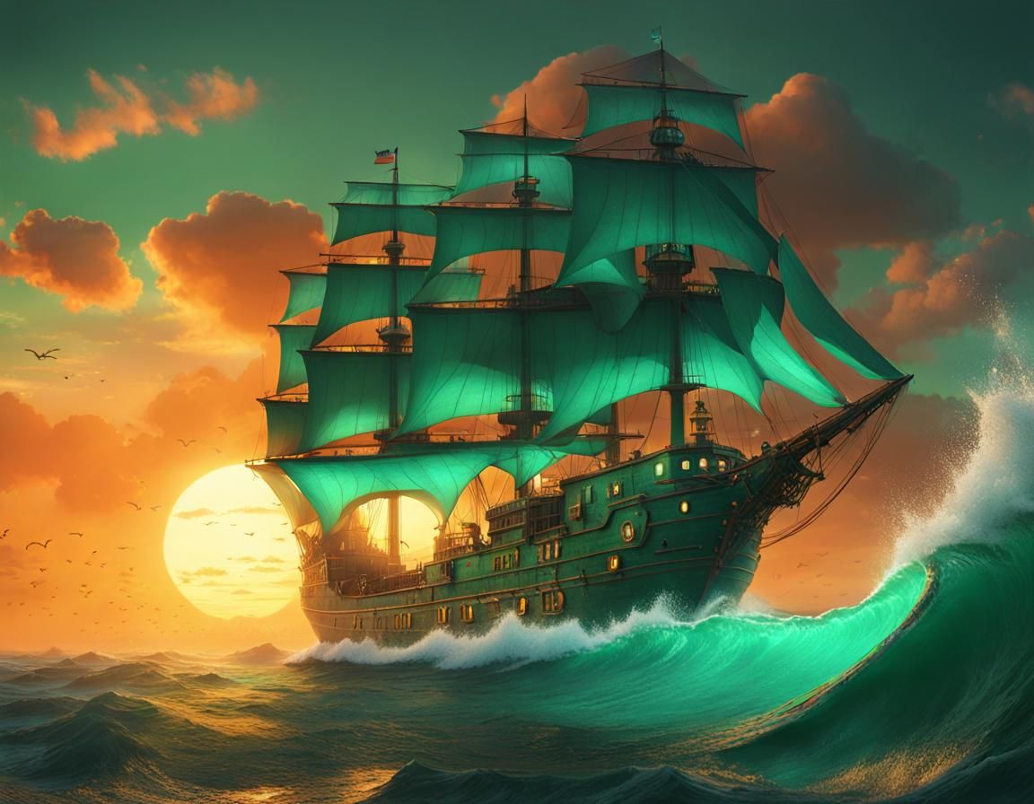 Emerald Ship at Sunset: A Fantasy Matte Painting