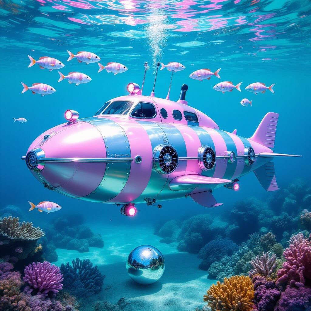 Elegant Pink Submarine with Striped Fish