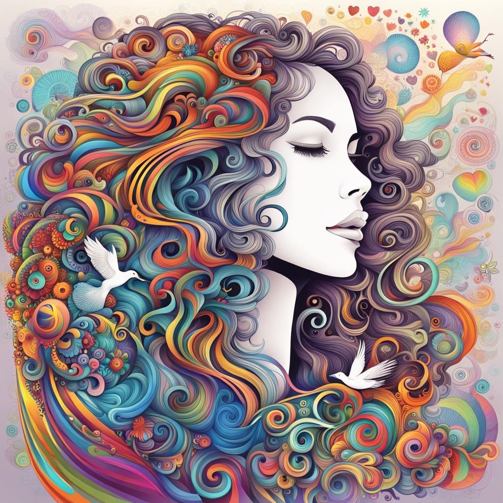 Psychedelic Profile of Woman with Curly Hair