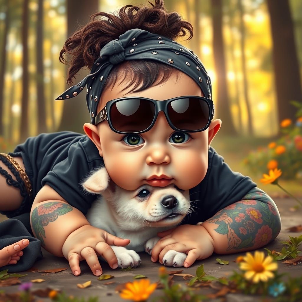 Whimsical Oil Painting of Punk Rock Toddler and Puppy in For...