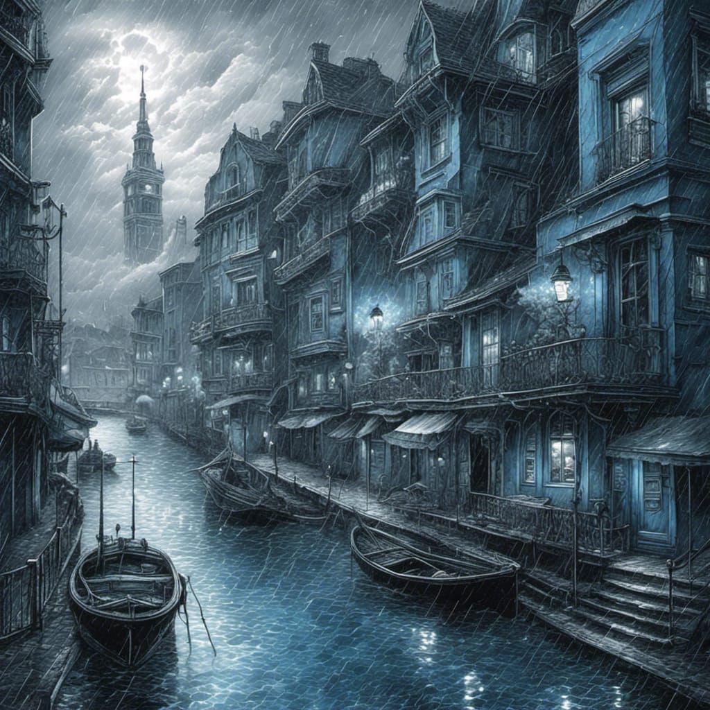 Victorian Port City in Blue Color Pencil Style