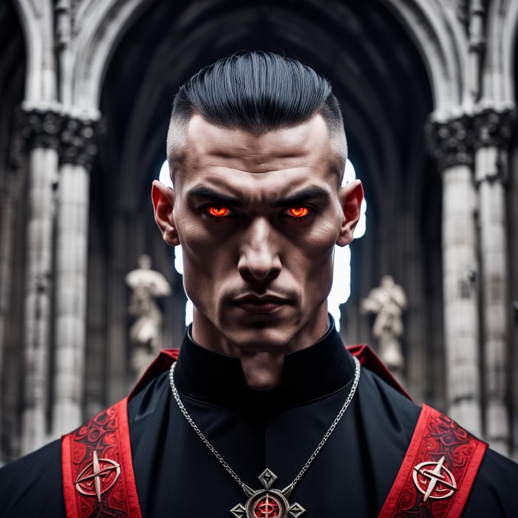 Evil Priest with Glowing Eyes in Cathedral