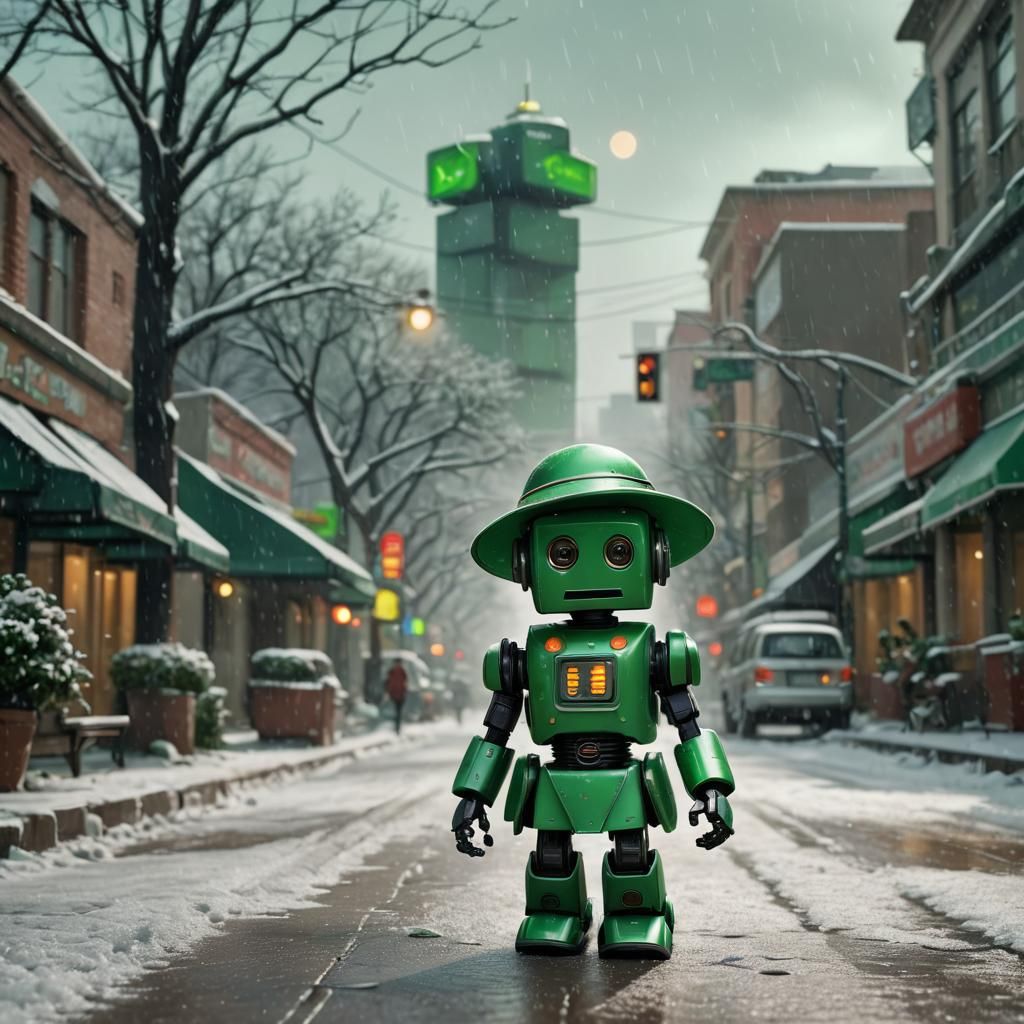 Robot's Winter Stroll in Johannesburg: 3D Digital Art