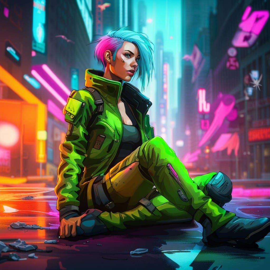 Cyberpunk Soldier with Sniper Rifle in Neon Cityscape