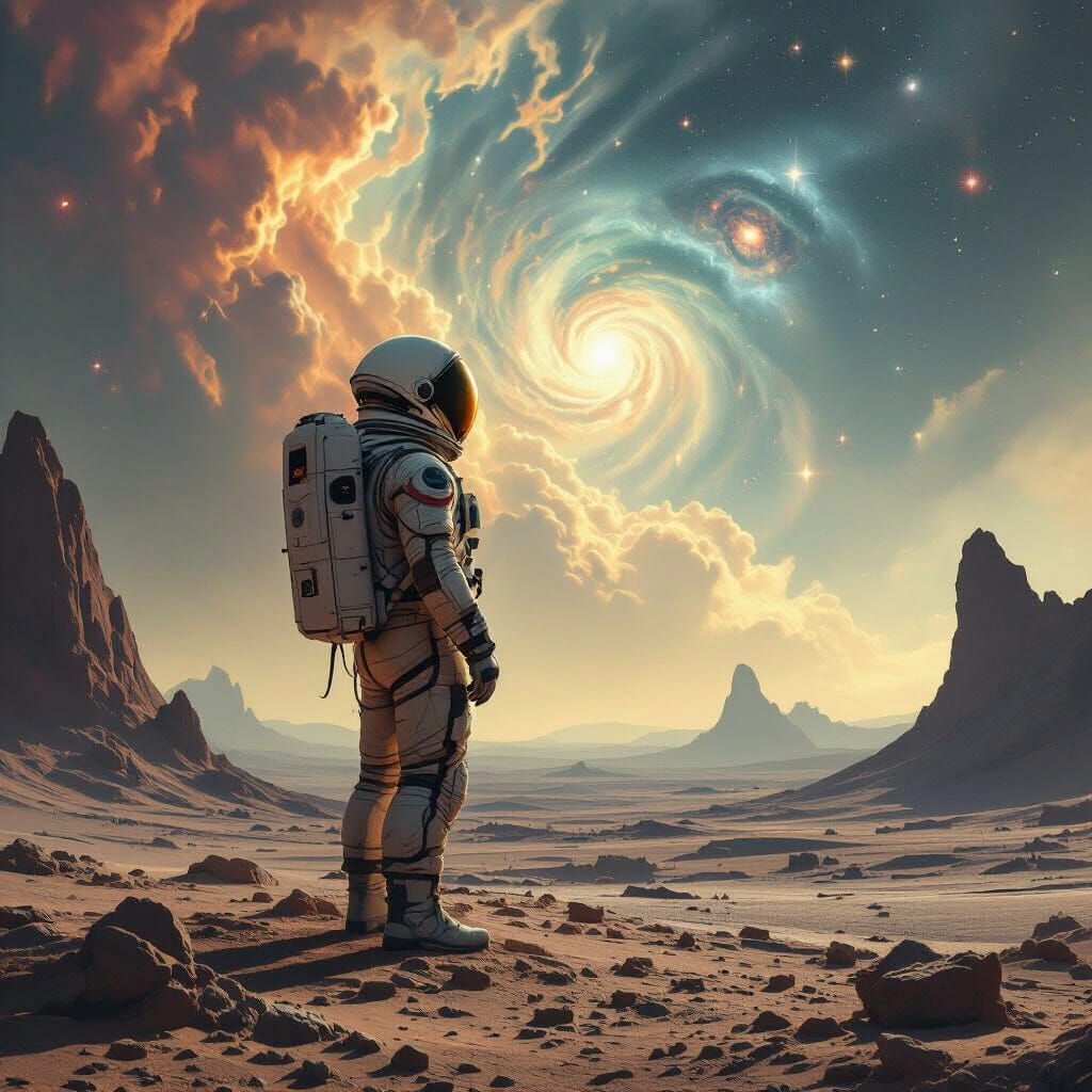 Astronaut on Alien Planet with Nebulae Sky