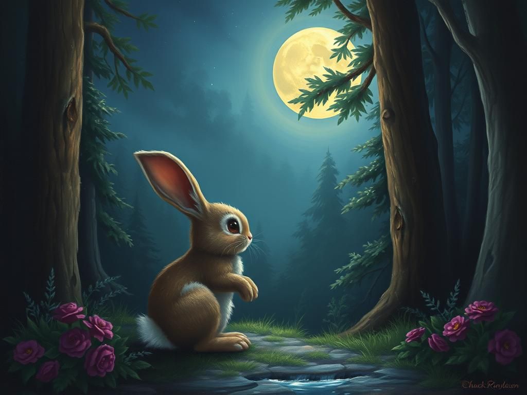 Bunny Gazing at Moon in Forest, Painterly Style