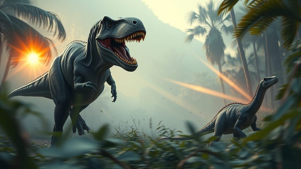 T-Rex on the Hunt in a Jurassic Jungle