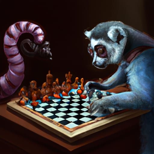 Lemur and Octopus Play Chess, Digital Art