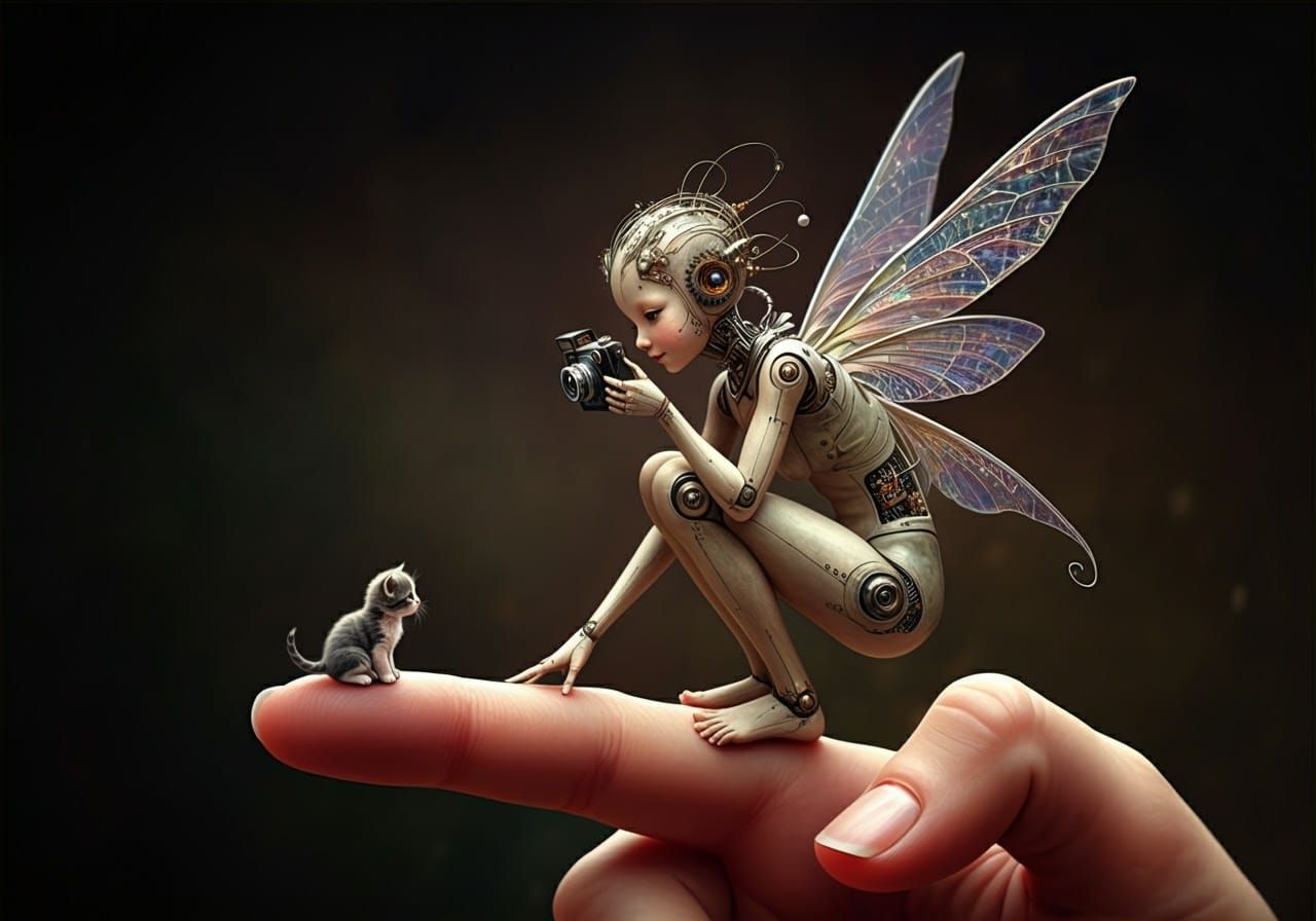 Android Fairy and Kitten on Fingertip