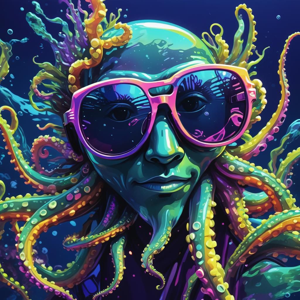 Calamar in Sunglasses: Vibrant Pop Art Digital Image