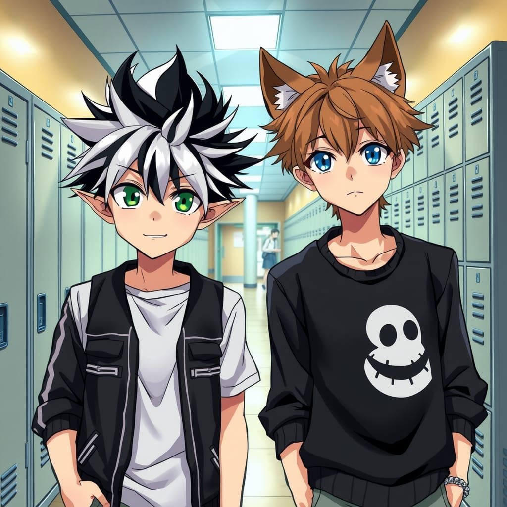 Anime Boys in School Hallway: Digital Art