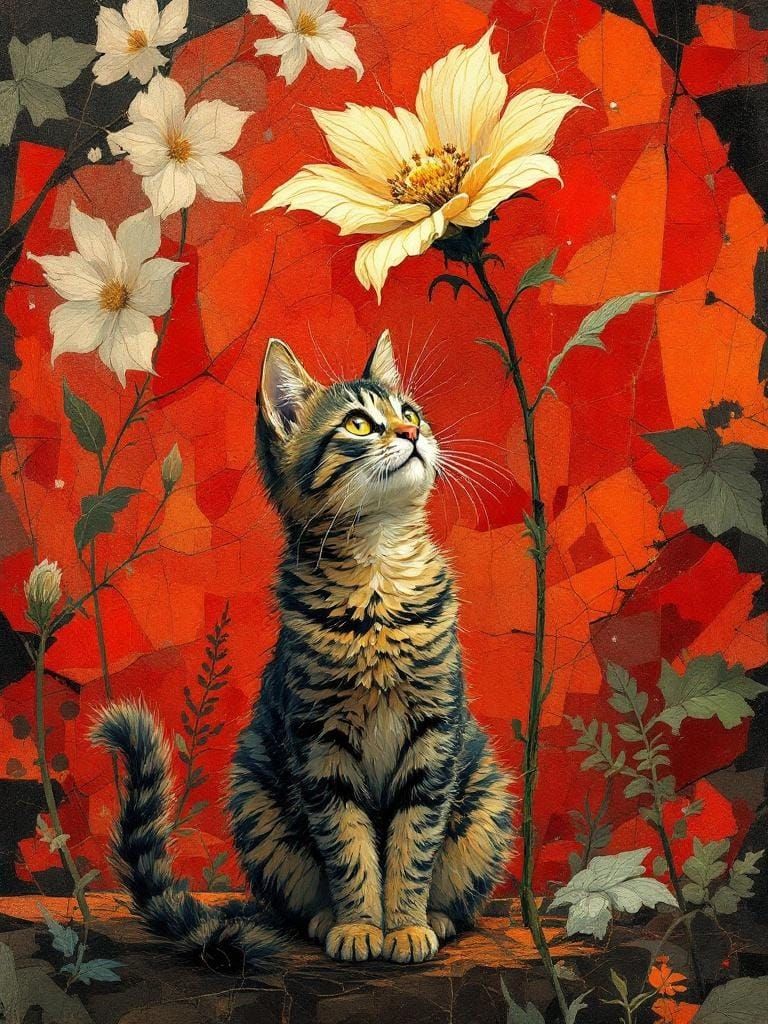 Cat Under Flower: Impasto Painting in Cézanne Style