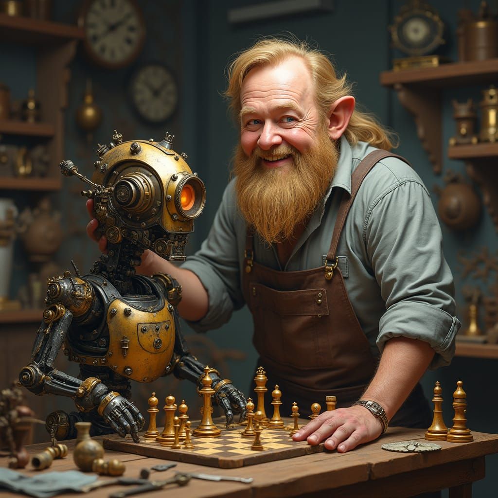 Dwarf Craftsman Smiling in Steampunk Workshop