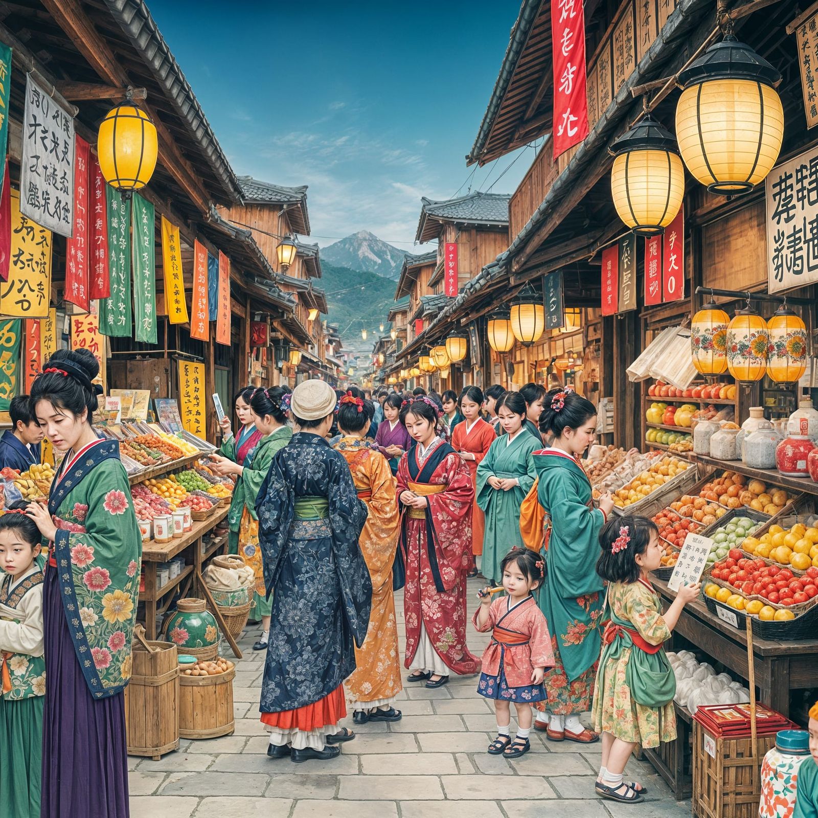 Lively Japanese Marketplace Scene Inspired by Hiroshige