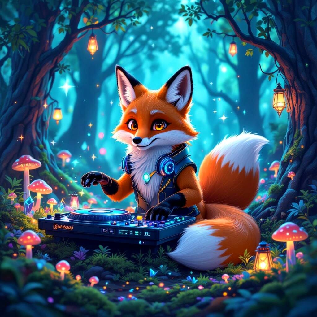 Fox DJ in Bioluminescent Forest Rave, Ghibli-Inspired Art