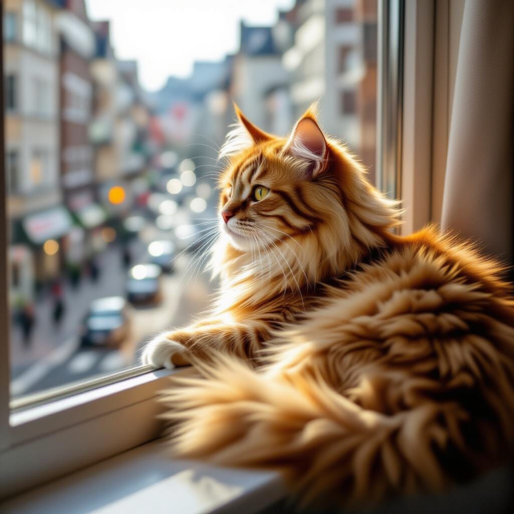 Hyperrealistic Ginger Cat on Sunlit Windowsill Overlooking C...