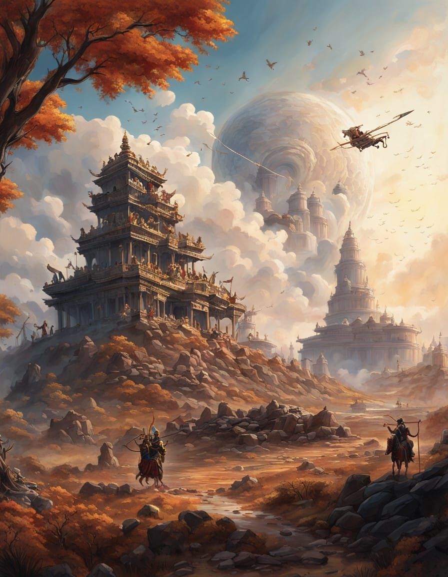 Krishna and Arjuna on the Battlefields of Kurukshetra in Cyb...