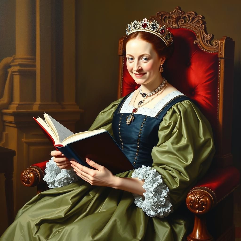 Queen Elizabeth Reading Poetry, Oil Painting