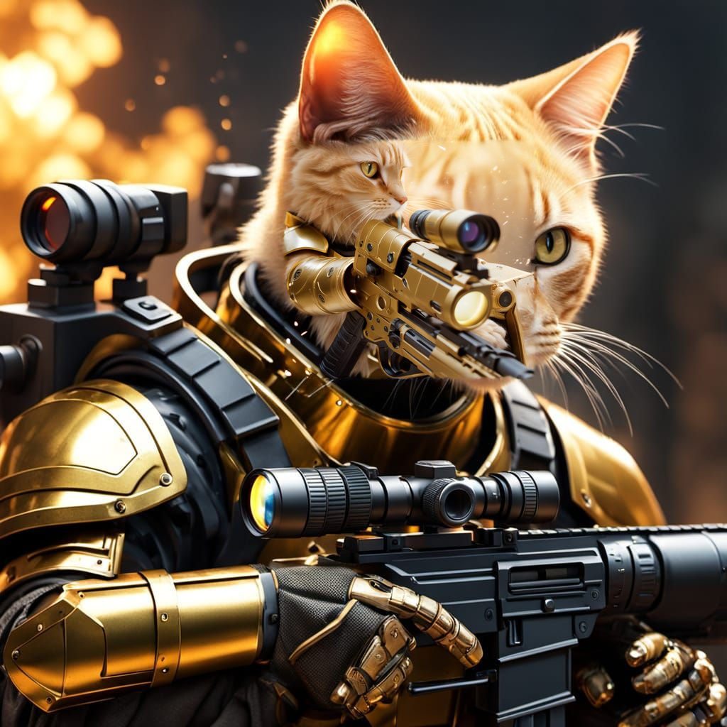 Armored Cat Warrior Aiming a Machine Gun