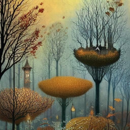 Surreal Autumn Trees in Winter Landscape