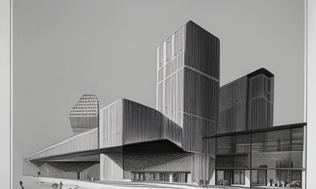 Organic Office Building Blueprint in Retro-Futuristic Style