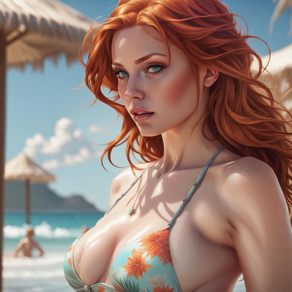 Redhead Poses in Summer Bikini: Digital Art