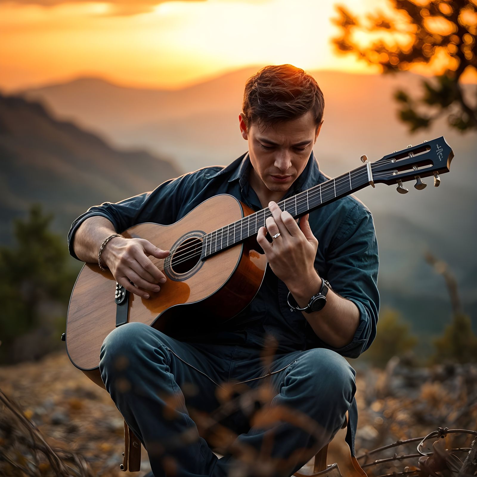 Man Plays Guitar at Sunset: Photorealistic Concept Art