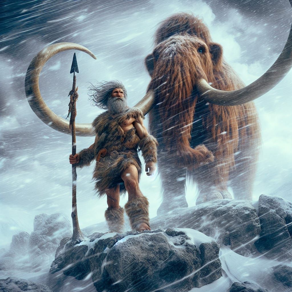 Caveman and Mammoth in Blizzard