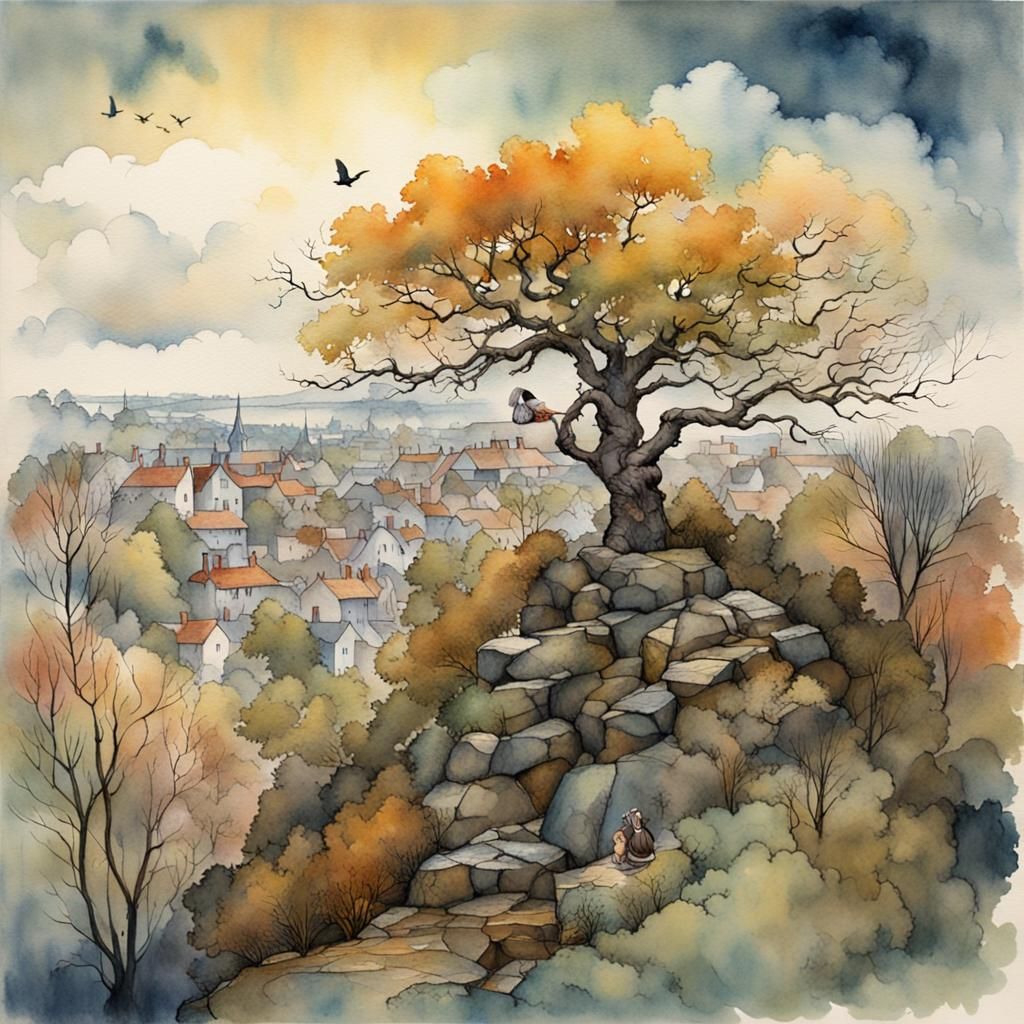 Fantasy Village Dreamscape in Watercolor