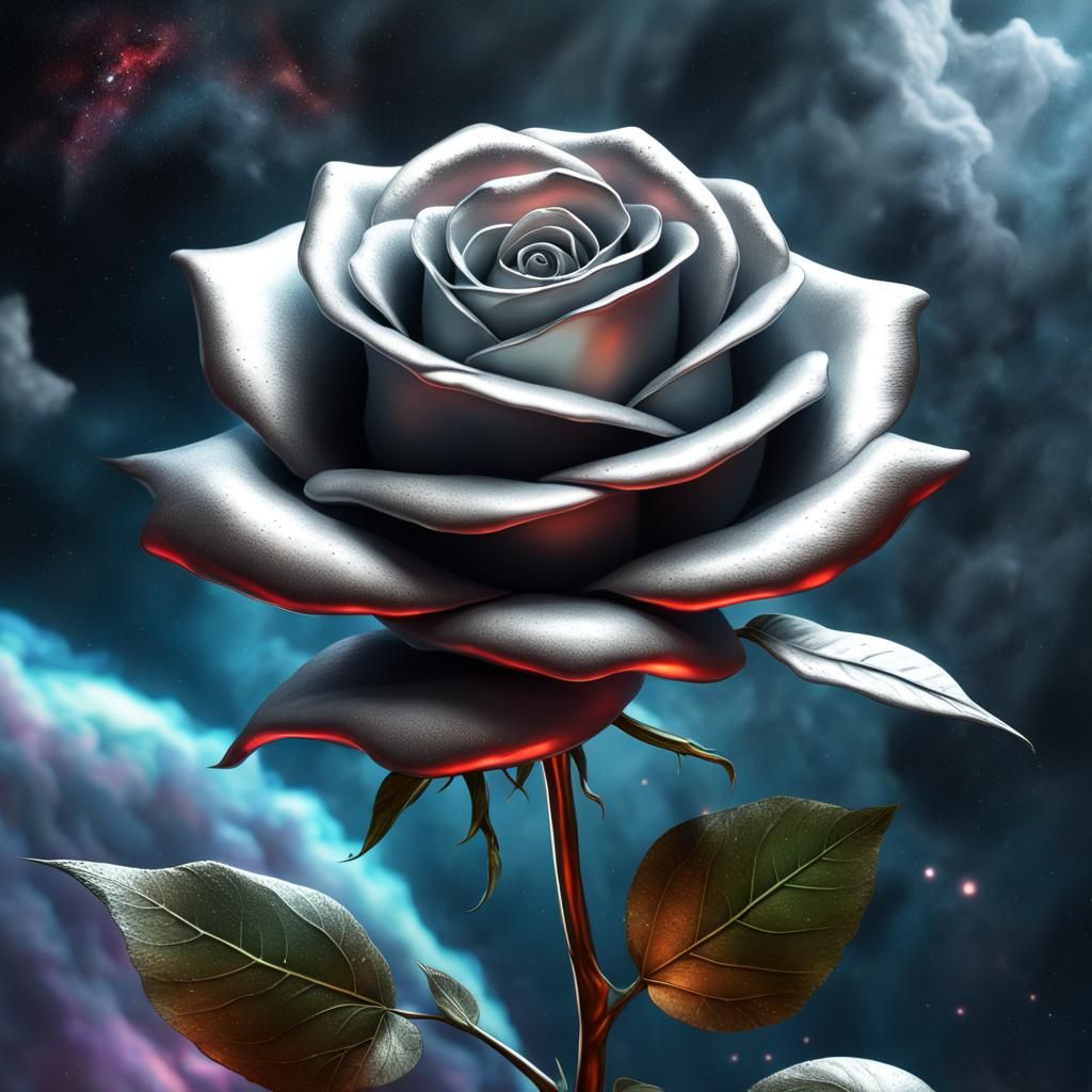 Silver Metal Rose in Cosmic Nebula Storm