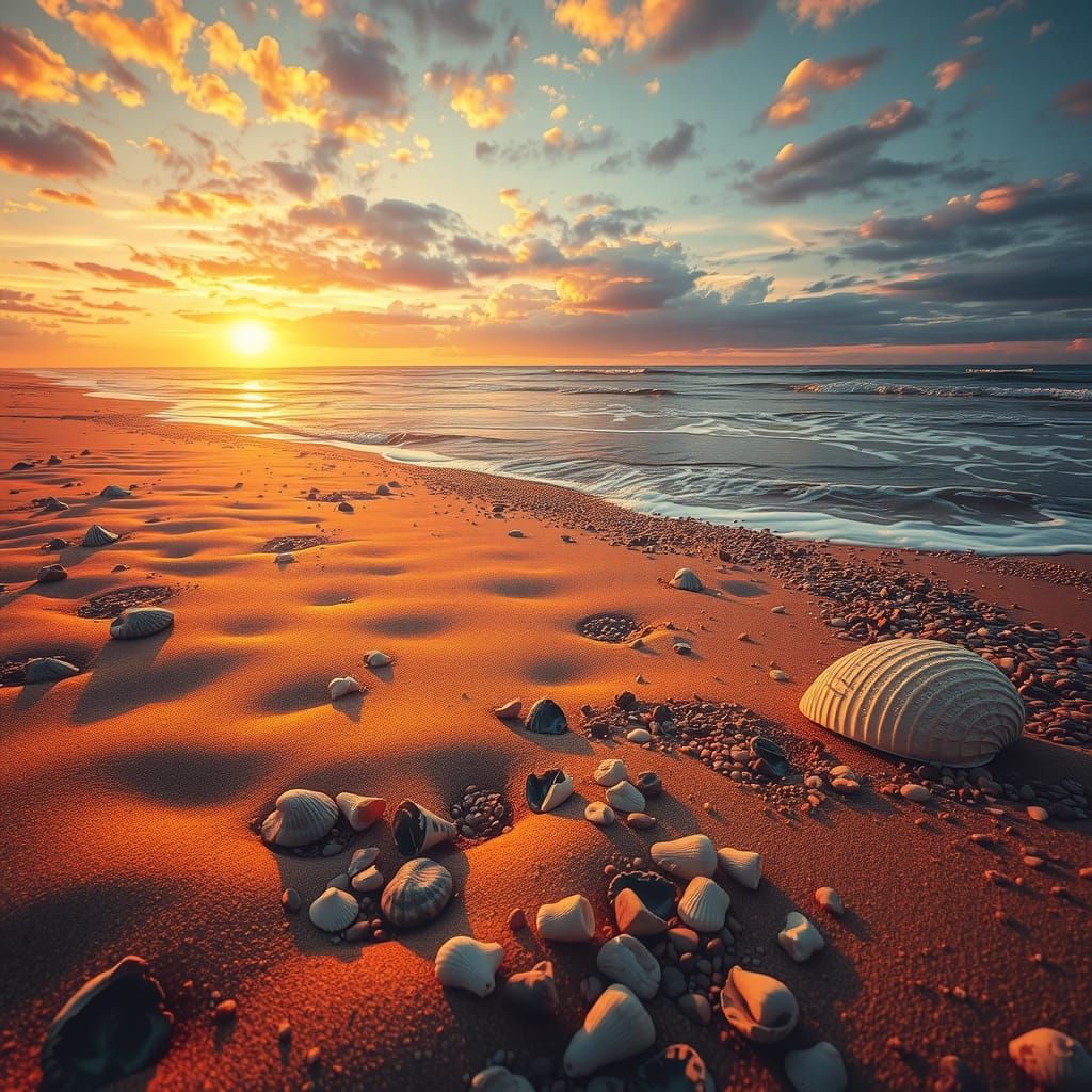 Sunset Beach with Golden Light in Hyperrealistic Style