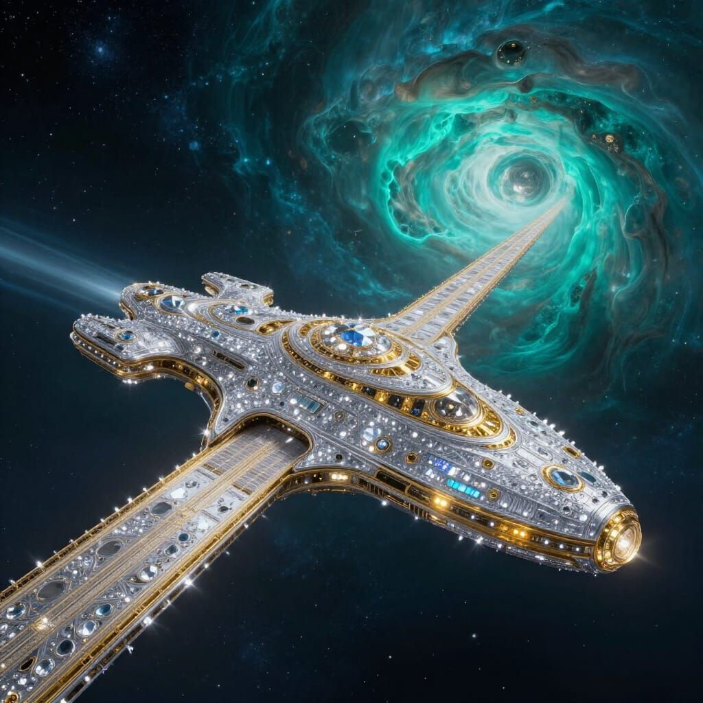 Opulent Spaceship Navigates Cosmic Ocean in Concept Art Styl...