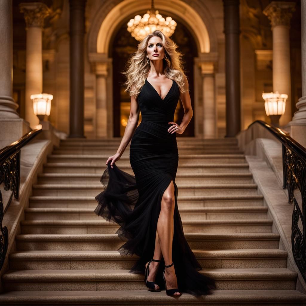 Blonde Woman Posing on Palace Stairs