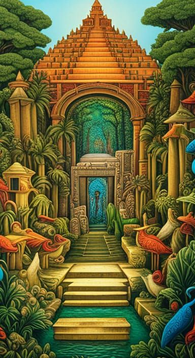 Mayan Temple and Centaur in Abstract Style