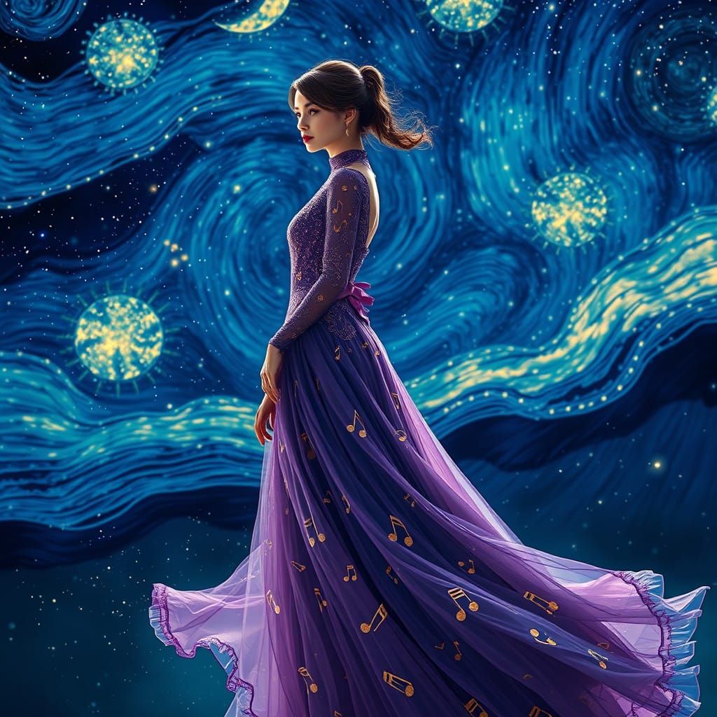 Whimsical Dreamlike Woman in Starry Night Gown