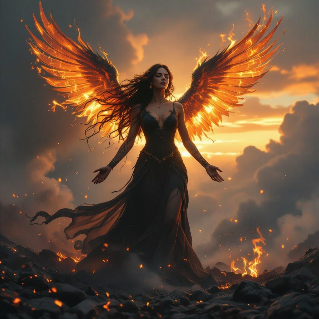Fiery Woman Rising From Ashes in Digital Painting