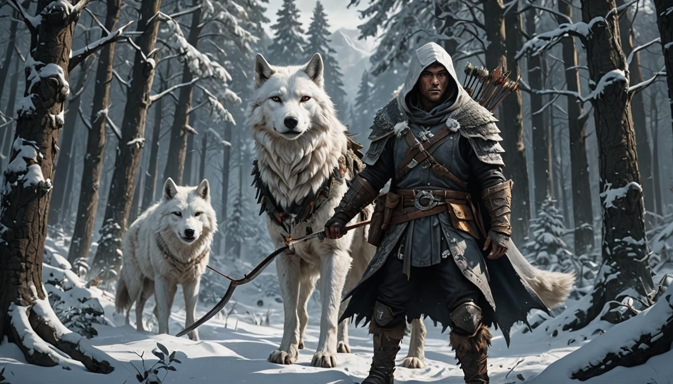 Warrior and Wolf in Snowy Forest: Fantasy Art