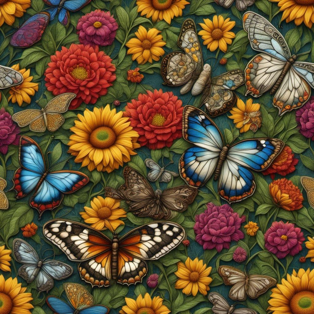 Butterflies and Dragonflies in a Hyperdetailed Flower Garden