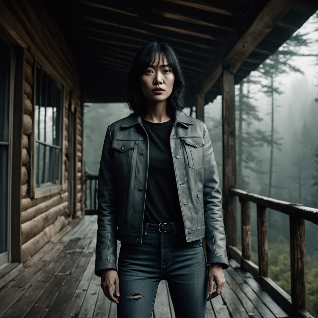 Mysterious Woman on Cabin Porch in Cinematic Style