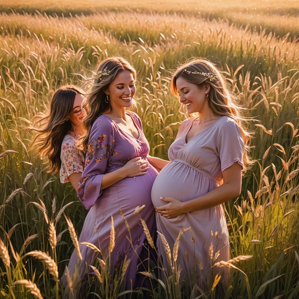 Pregnant Women in Sun-Drenched Meadow: 3D Rendered