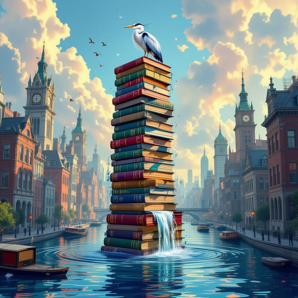 Surreal Book Cityscape with Ink Rivers and Heron