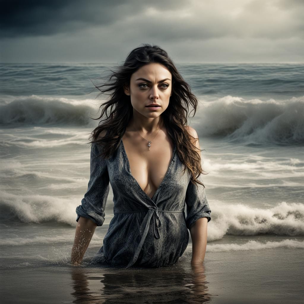 Mila Kunis emerging from the sea